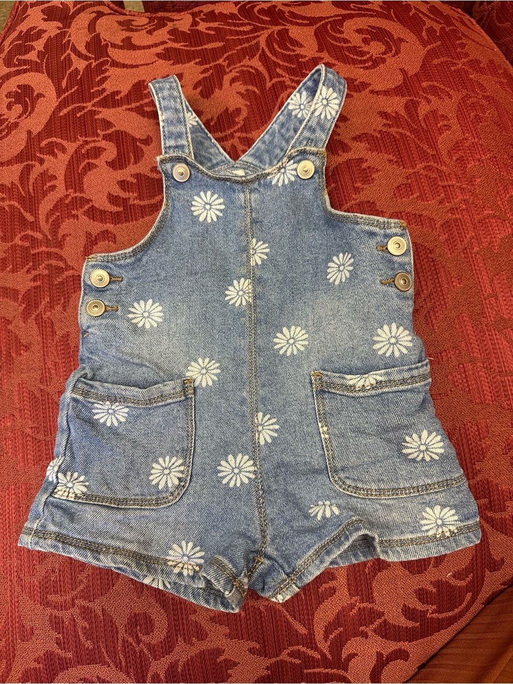 Wonder Nation Blue and White Denim Overalls with flowers size 12M
